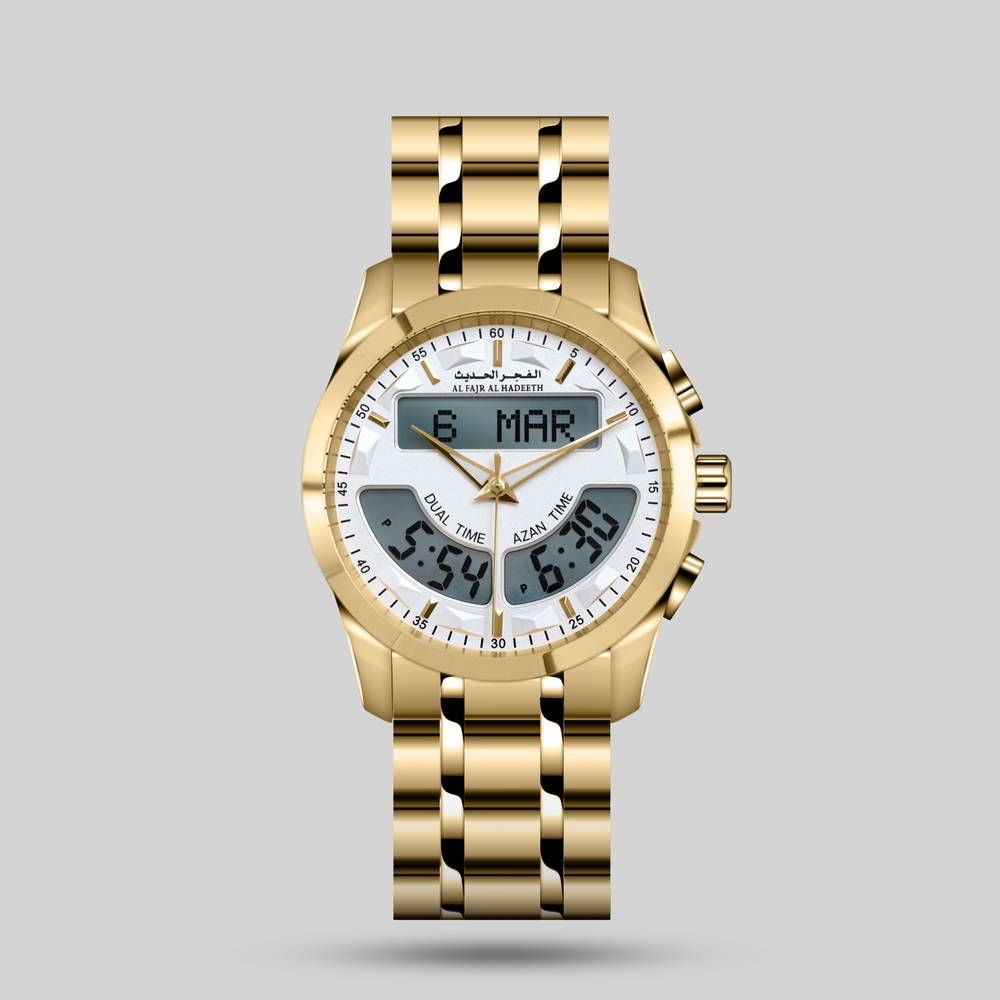 ساعة الفجر الحديث حديد بتوقيتين باللون الذهبي وشاشة بيضاء ساعة الفجر الحديث حديد بتوقيتين باللون الذهبي وشاشة بيضاء