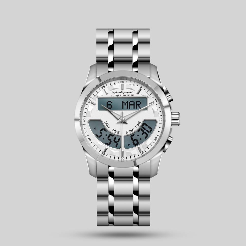 ساعة الفجر الحديث حديد بتوقيتين فضي ساعة الفجر الحديث حديد بتوقيتين فضي