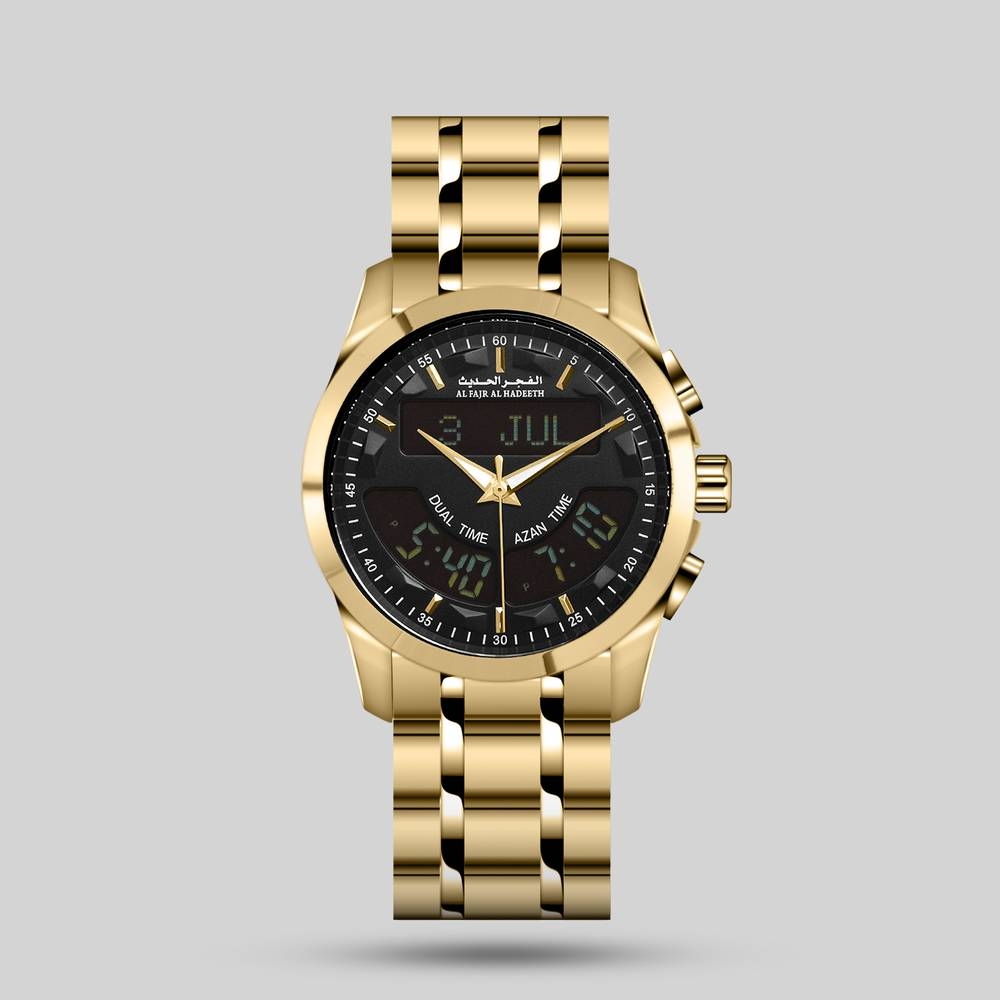 ساعة الفجر الحديث بتوقيتين حديد ذهبي موديل ساعة الفجر الحديث بتوقيتين حديد ذهبي موديل